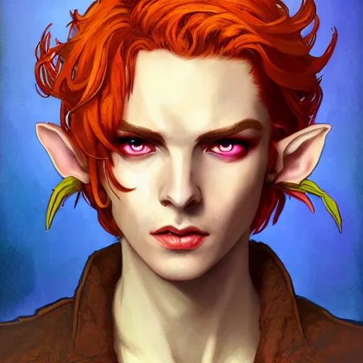 Image similar to dnd character portrait of a beautiful and androgynous half - elf with messy short red hair and catlike features and dark skin and yellow eyes with slit pupils, glowing, golden hour, wearing a colorful men's suit, realistic painting by ross tran and gerald brom and alphonse mucha, trending on artstation