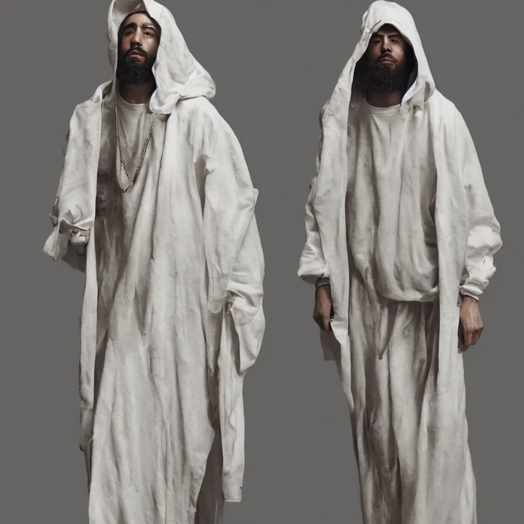 Image similar to a full body lookbook portrait of modern - day jesus wearing cream jerry lorenzo fear of god menswear collection by nicola samori, hat and hoodie, detailed, oil painting, hyper realistic, 8 k, yeezy collection