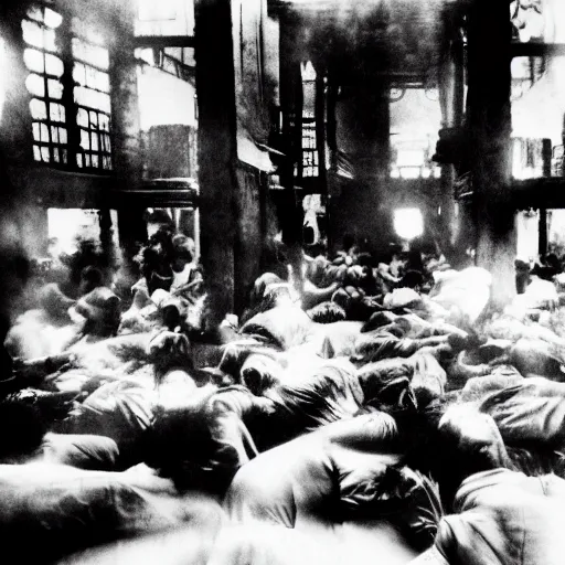 Image similar to crowded opium den, monochrome film, dreamlike,