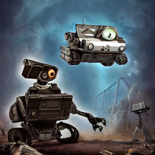 Prompt: a mixture of a gremlin and wall-e in an apocalyptical setting in the style of guillermo lorca