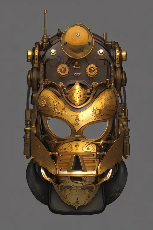 Image similar to steampunk mask minimalist fantasy art robot ninja helmet, global illumination ray tracing hdr fanart arstation by sung choi and eric pfeiffer and gabriel garza and casper konefal radiating a glowing aura