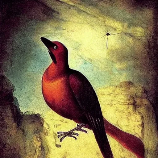 Prompt: a gothic, surrealistic bird, incredible colors, trending on artstation, by leonardo da vinci, by rembrandt