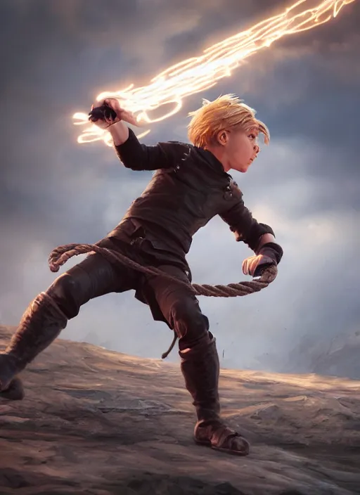 Prompt: An epic fantasy comic book style portrait painting of a young blonde boy thief launching grappling rope from a device worn on his wrist, unreal 5, DAZ, hyperrealistic, octane render, cosplay, RPG portrait, dynamic lighting