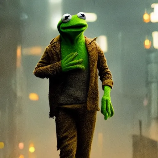 Prompt: a still of kermit the frog, from blade runner 2 0 4 9