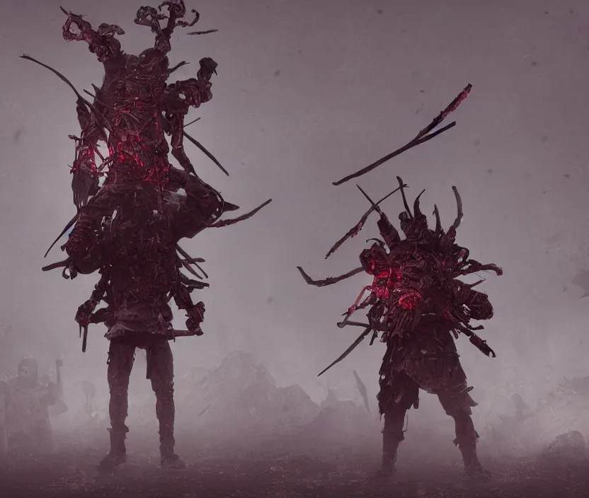 Image similar to samurai standing on a bunch of bodies with 6 arms , gloomy and foggy atmosphere, octane render, artstation trending, horror scene, highly detailded