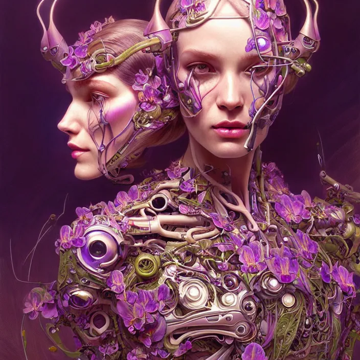 Image similar to psychedelic organic cyborg, orchid, diffuse lighting, fantasy, intricate, elegant, highly detailed, lifelike, photorealistic, digital painting, artstation, illustration, concept art, smooth, sharp focus, art by John Collier and Albert Aublet and Krenz Cushart and Artem Demura and Alphonse Mucha