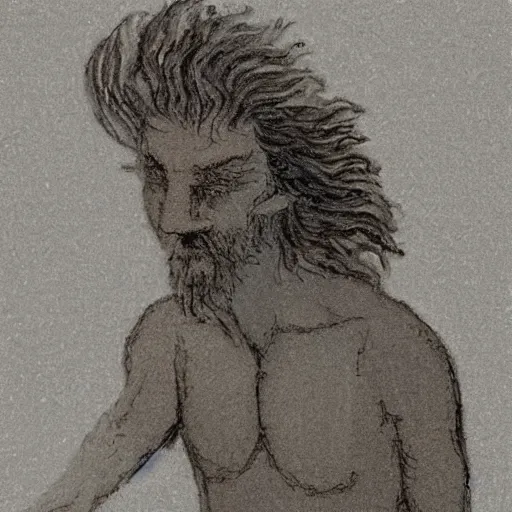 Image similar to A beautiful sculpture of a self-portrait of the artist. He is shown with his head turned to the left, looking at the viewer. His hair is wild and his eyes are wide open. His right hand is raised, as if he is pointing at something. by Warwick Goble, by Eric Carle somber, minimalist