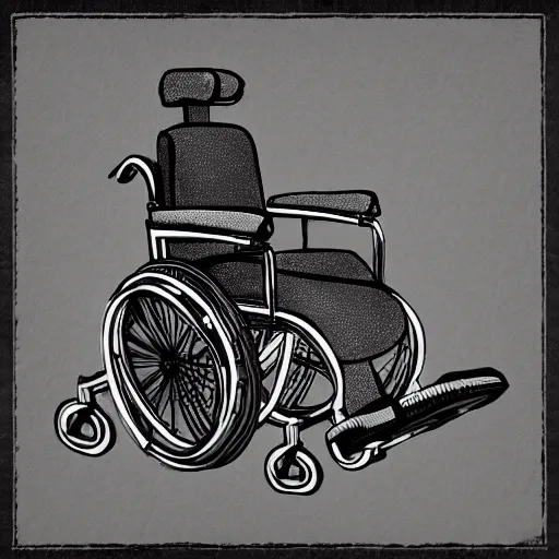 Image similar to storybook illustration of a gaming wheelchair, storybook illustration, monochromatic