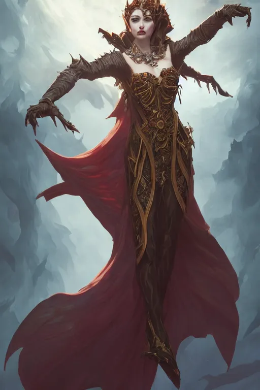 Image similar to beautiful vampire female queen, full body shot, ascending form the sky, hands reaching for her, d & d, fantasy, intricate, elegant, highly detailed, digital painting, artstation, concept art, matte, sharp focus, illustration, hearthstone, art by artgerm and greg rutkowski and alphonse mucha