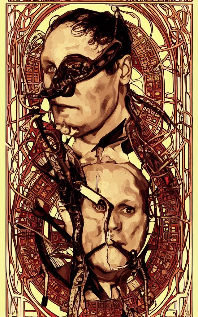 Image similar to Hannibal Lecter from NBCs Hannibal in portrait Alphonse Mucha art nouveau style, detailed high definition poster, photorealistic brutal artwork, featured on artstation, powerful, high definition, large file size, advertisement