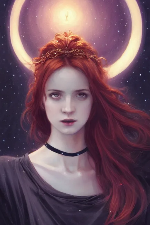 Image similar to Nocturne, glowing, stars, a long-legged occultist woman, long auburn hair, choker, highly detailed, mysterious, ethereal, dressed in black, sigils, haute couture, illustration, dramatic lighting, soft details, painting, by Edmund Blair Leighton, Brom, Charlie Bowater, trending on artstation, faces by otto schmidt