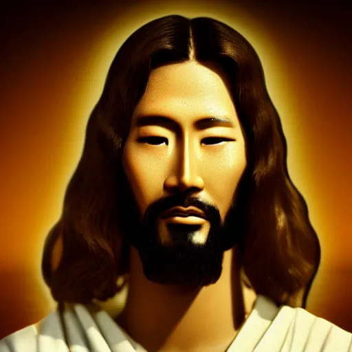 Image similar to japanese jesus christ, movie still, portrait photograph style, 4k, warm light,