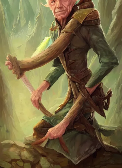 Image similar to old male wood elf hermit, has short straight white hair and green eyes, rough pink skin, lean build, triangular cute face, wears a fancy hat, dnd character art portrait, matte fantasy painting, deviantart artstation, by jason felix by steve argyle by tyler jacobson by peter mohrbacher, cinematic lighting