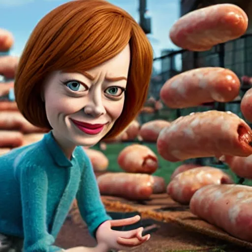 Image similar to hyperrealistic emma stone caricature surrounded by big fat frankfurter sausages by bob byerley and aardman animation, mascot, target reticles