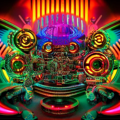 Prompt: album cover, album is called tripmachine, tripmachine, photo of a huge steampunk machine made of guitars and drums and pianos, connected with glowing tubes 8 k, fluorescent colors, halluzinogenic, multicolored, exaggerated detailed, front shot, 3 d render, octane