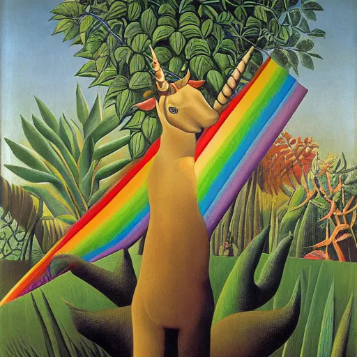 Prompt: A unicorn with a rainbow colored horn, epic scene, Henri Rousseau