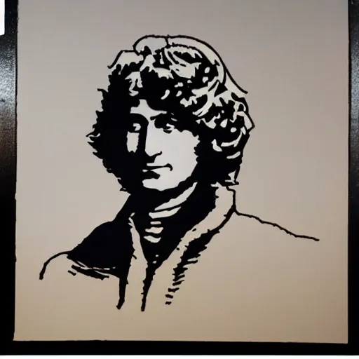 Prompt: individual isaac newton with a big wig silk screen banksy style