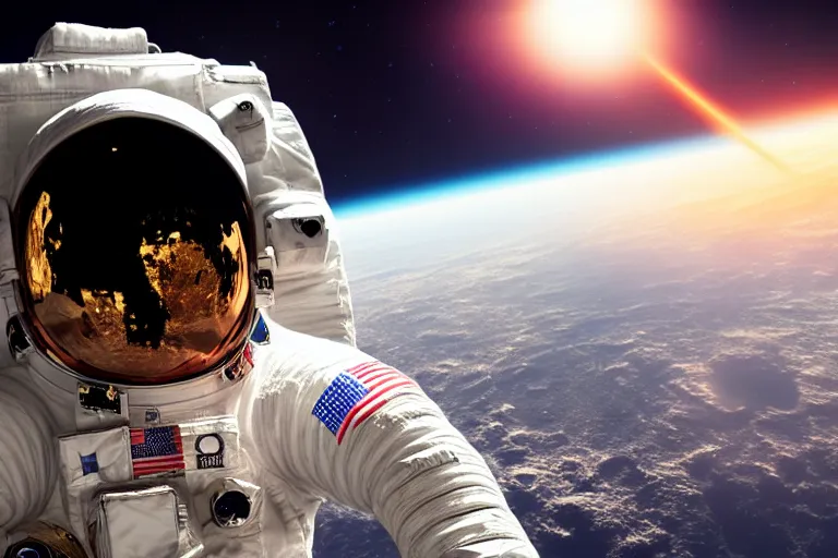 Image similar to astronaut in space wearing a spacesuit floating, meteor hitting earth in background, highly detailed, photorealistic portrait, bright studio setting, studio lighting, crisp quality and light reflections, unreal engine 5 quality render