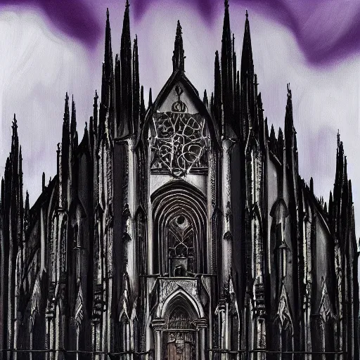 Image similar to painting of a cathedral, black metal album cover, black and purple color scheme, 4 k, trending on artstation