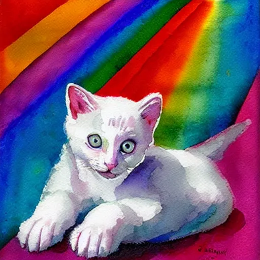 Prompt: a prism magically fractures a white kitten into every color of the rainbow, surreal fantasy watercolor,