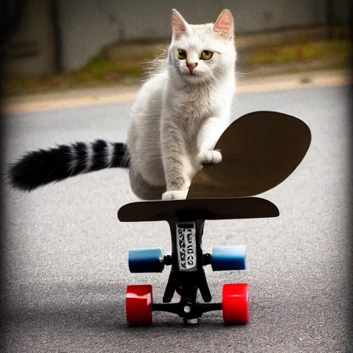 Prompt: photograph of a cat doing a wicked extreme skateboard trick