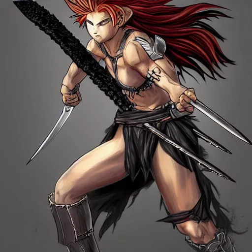 Prompt: realistic art style, warrior girl, wild spiky black saiyan hair, long spiky hair, electrified hair, holding scimitar made of bone, scimitar, sword, jagged sword, curved sword, orkish sword, colorized, gray skin, hyper - detailed, primeval fantasy, prehistoric fantasy, art by jacques - louis david