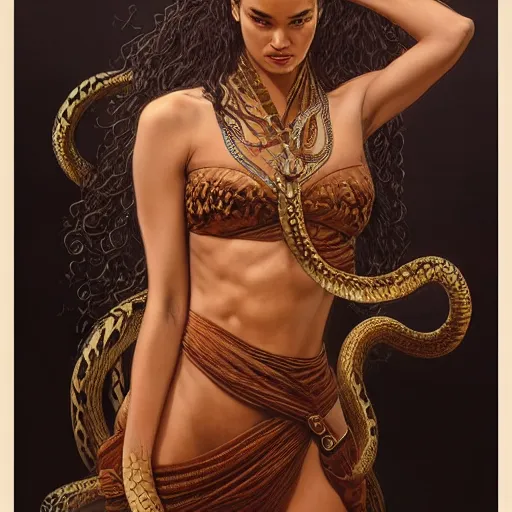 Image similar to Shanina Shaik as Medusa, frowning, scowl, snakes for hair, intricate, elegant, highly detailed, digital painting, artstation, concept art, smooth, sharp focus, illustration, art by artgerm and greg rutkowski and alphonse mucha