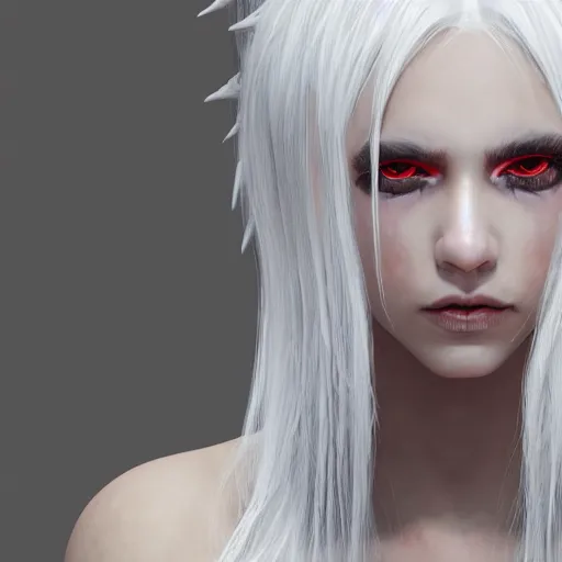 Image similar to a highly detailed portrait of a humanoid demon girl with white hair, red horns, in white clothes, artstation, deviantart, professional, unreal engine 5, photorealistic