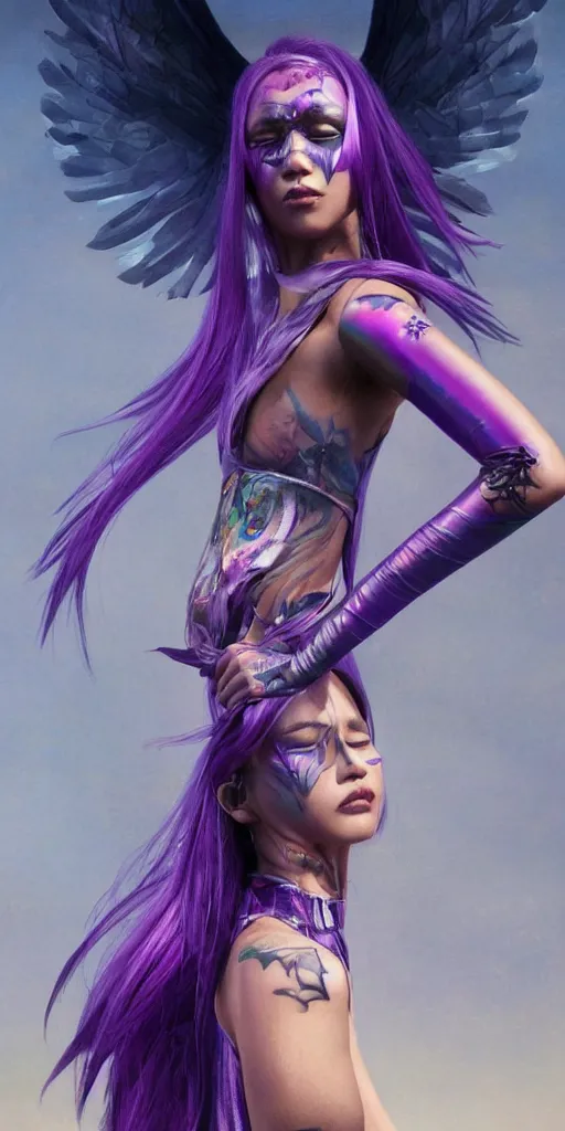 Prompt: closeup asian model cj miles with neon cyberangel wings, ritual tattoes cover her purple skin in a superherione pose, draped iridescent silk outfit flowing in the wind by greg rutkowski, by jeremy lipkinng, by artgerm, digital art, redshift render, hyperrealistic, ray - tracing