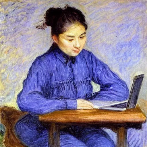 Prompt: philipino young woman with jeans overalls typing on laptop by monet