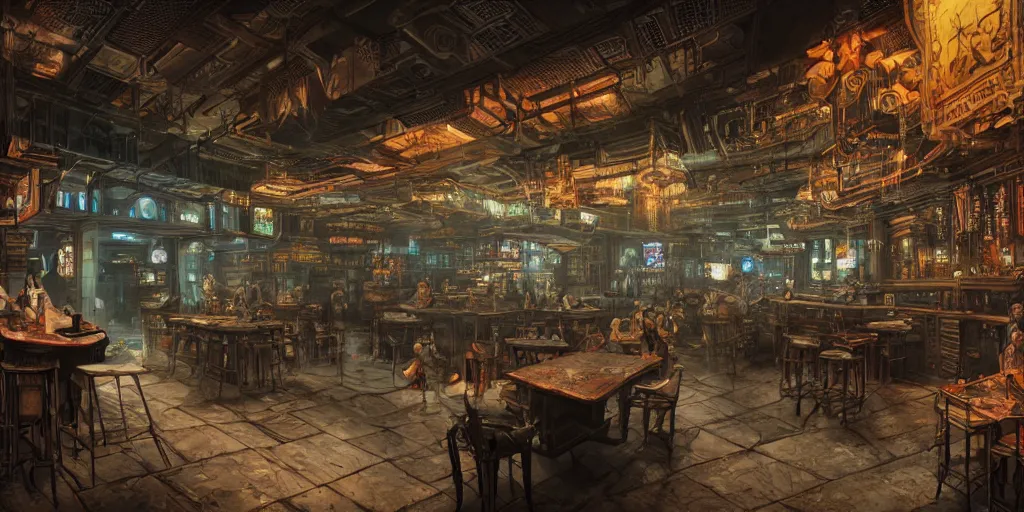 Image similar to Highly detailed realistic Digital concept interior design in style of Hiromasa Ogura and Josan Gonzalez of highly detailed cyberpunk tavern with stone walls and neon lights, a lot of electronics and people, many details. Natural white sunlight from the transperient roof. Panorama on 360 degrees Rendered in 32K in VRAY and DaVinci Resolve and MAXWELL and LUMION 3D, Volumetric natural light