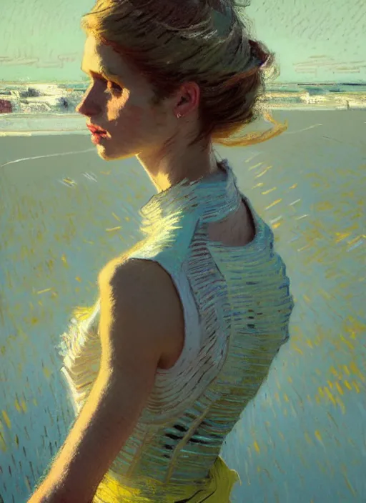 Image similar to portrait of a beautiful girl, sea dunes backdrop, sad, pastel shades of light blue and light yellow, beautiful face, rule of thirds, intricate outfit, spotlight, by greg rutkowski, by jeremy mann, by francoise nielly, by van gogh, digital painting