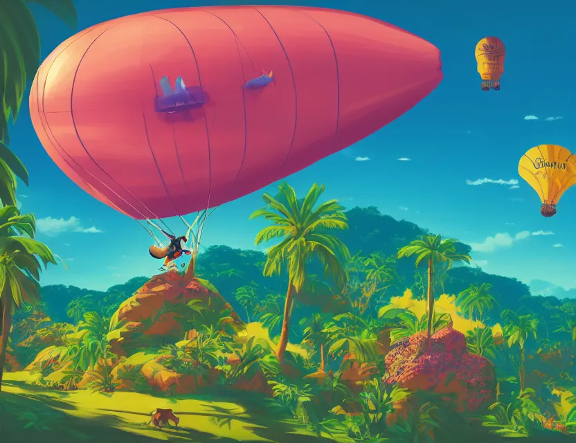 Prompt: adventurer mouse travelling on a blimp above tropical landscape. complementary colors, vaporwave, gouache, indie concept art, bloom, chiaroscuro, backlighting, intricate details.