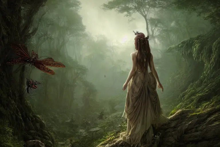 Image similar to detailed intricate digital illustration by greg rutkowski and david friedrich and ruan jia and fenghua zhong and steven belledi ; portrait of fairy girl standing in gothic fantasy valley and forest faerie fey unseelie in background ; 1 3 mm film, arri alfa anamorphic lens ; sharp focus, eventide, fireflies ; trending on artstation 8 k