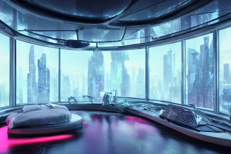 Image similar to a futuristic bedroom with large curved ceiling high windows looking out to a far future cyberpunk cityscape, cyberpunk neon lights, raining, scifi