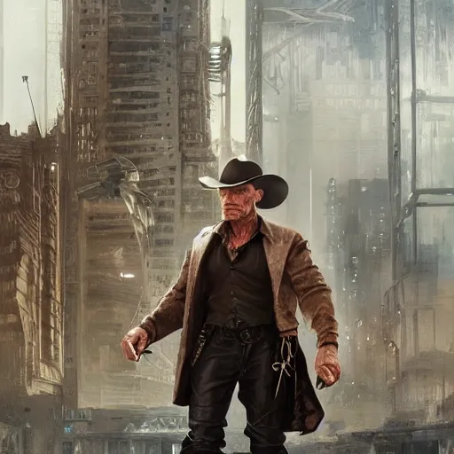 Prompt: full figure ultra realistic illustration, ed harris wearing a cowboy outfit in a dystopian city, intricate, elegant, highly detailed, digital painting, artstation, concept art, smooth, sharp focus, illustration, art by artgerm and greg rutkowski and alphonse mucha