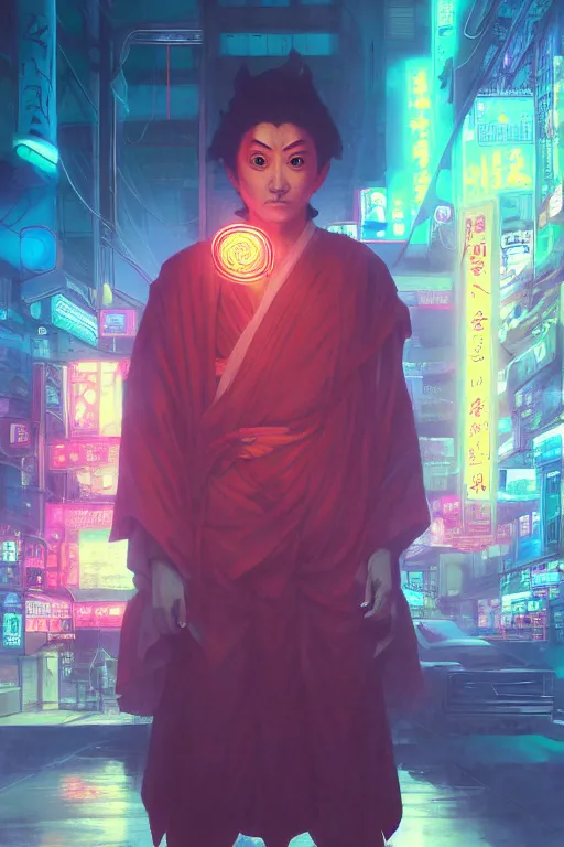 Image similar to portrait of yokai bodhisattva vajrayana dzogchen ninja slayer, japan, in cyberpunk, neon lighting, night city, digital art from artstation by Ruan Jia and Mandy Jurgens and Artgerm and william-adolphe bouguereau and Greg Rutkowski