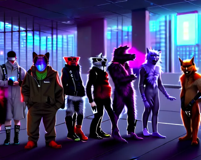 Prompt: high - resolution photograph from a cyberpunk era furry fandom convention ( midwest furfest 2 0 4 7 ), taking place after the genetic revolution and quantum singularity. photorealistic.