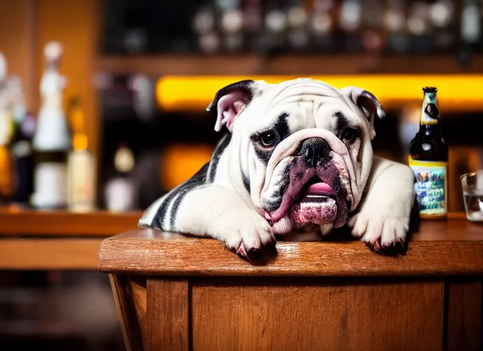 Prompt: a closeup, 4 5 mm, detailed photograph of a english bulldog drinking a beer on a bar - stool, sitting at a bar on a bar - stool, beautiful low light, 4 5 mm, by franz lanting