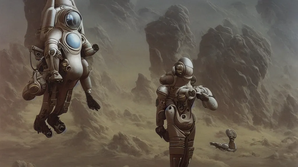 Image similar to futuristic organic spacesuit design by john schoenherr and jim burns, epic cinematic matte painting