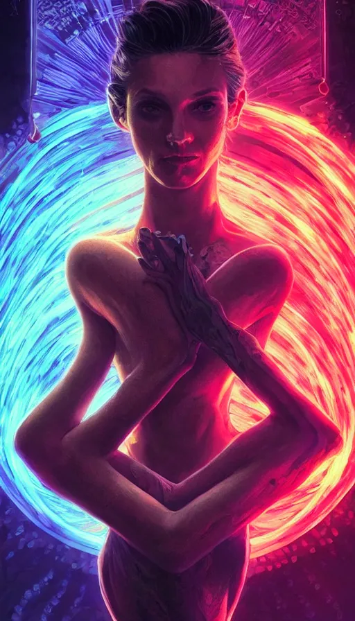 Image similar to tarot card, altered carbon, neon, dreamy vibe, fibonacci, sweat drops, insane intricate, highly detailed, cinematic, atmospheric. digital painting, artstation, concept art, smooth, sharp focus, illustration, unreal engine 5, 8 k, art by artgerm and greg rutkowski and alphonse mucha, laura sava, laura palmer