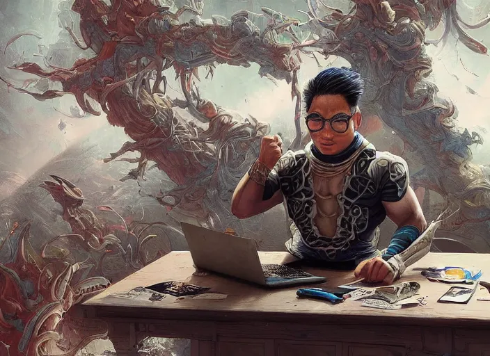 Image similar to an insanely detailed painting of an asian man wearing a homemade superhero costume, sitting at a desk, staring seriously at the computer and typing, in the style of peter mohrbacher, james jean, artgerm, dramatic lighting and composition, surreal background, octane render, pixar, trending on artstation, concept art, comic book, view from behind, 8 k