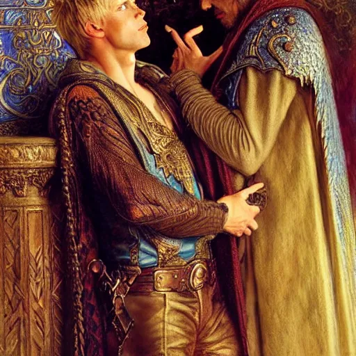 Image similar to stunning arthur pendragon in love with stunning male merlin the mage. they are close to each other. highly detailed painting by gaston bussiere, craig mullins, j. c. leyendecker