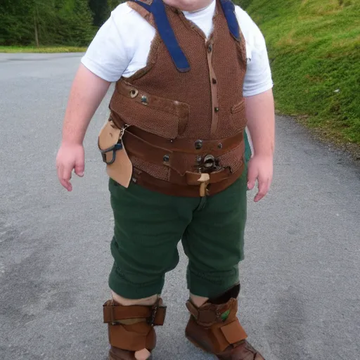 Image similar to pudgy british lad with short curly dark brown hair as a hobbit wearing a white men's crossbody sling chest bag and blue vest