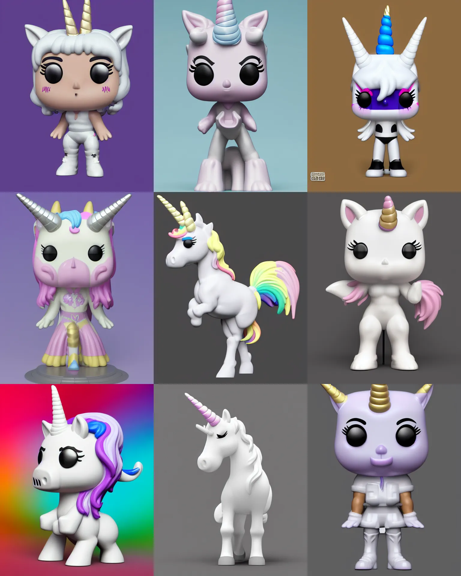 Prompt: full body 3 d render of unicorn as a funko pop!, studio lighting, white background, single body, no shadow, blender, trending on artstation, 8 k, highly detailed