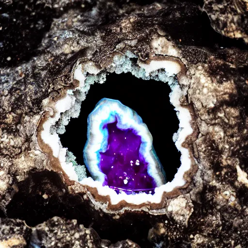 Image similar to photography of a geode with a a small body of an alien skellet inside it