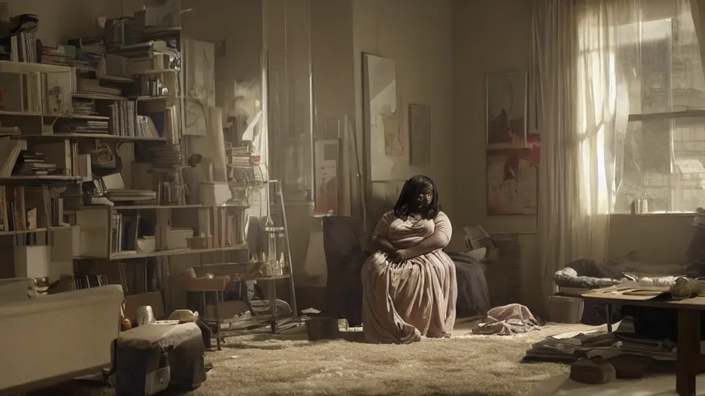 Prompt: Octavia Spencer alone in her studio apartment, moody, sad scene from the movie Pt Anderson, she takes to her friend in a virtual world, art house, award winning film, 3D rendered lighting, stunning cinematography by Hoyte van Hoytema