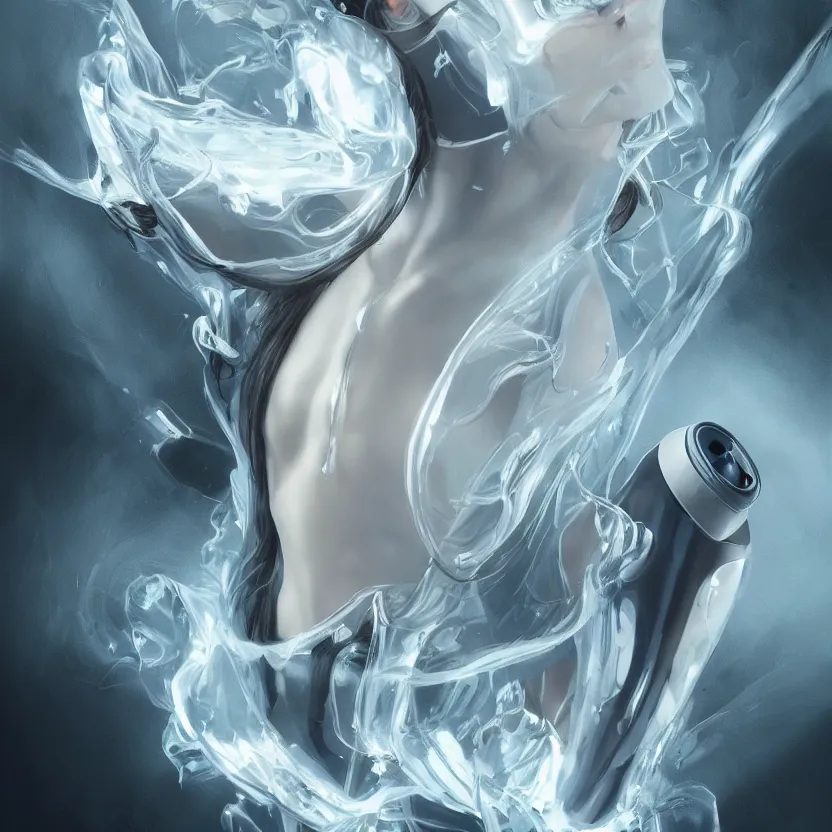 Prompt: concept art of a pagani dietary supplement with white liquid in a transparent bottle with big black sticker on it, by aenaluck, artgerm and roberto ferri and greg rutkowski, light blue and white tones, digital painting, artstation, concept art, smooth, sharp foccus ilustration hq