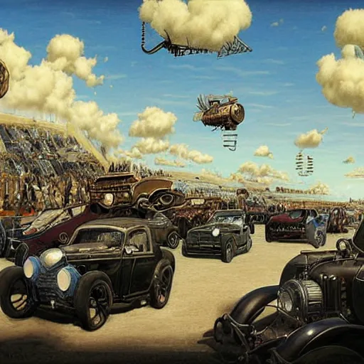 Image similar to a hyperrealistic painting of a steampunk car race, blue skies, fluffy clouds, by john kenn mortensen, highly detailed,