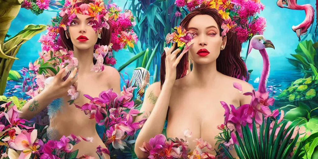 Prompt: photo realistic depiction of a beautiful woman face surrounded by orchids, lion fish, and colorful flamingos style by salvador dali, hyper realistic, octane rendered